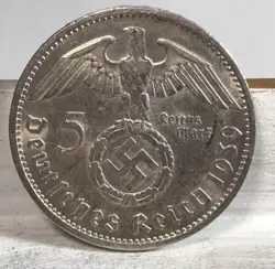 1939 J 5 MARK GERMAN WW2 SILVER COIN THIRD REICH HIGH GRADE W/LUSTER FREE SHIP O