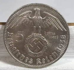 1938 D 5 MARK GERMAN WW2 SILVER COIN THIRD REICH HIGH GRADE W/LUSTER FREE SHIP O