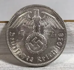 1938 J 5 MARK GERMAN WW2 SILVER COIN THIRD REICH HIGH GRADE W/LUSTER FREE SHIP U
