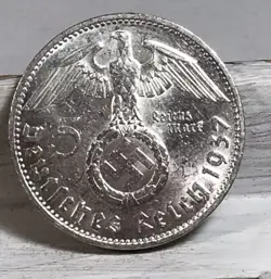 1937 D 5 MARK GERMAN WW2 SILVER COIN THIRD REICH HIGH GRADE W/LUSTER FREE SHIP U