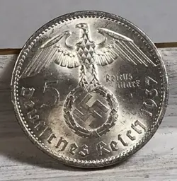 1937 A 5 MARK GERMAN WW2 SILVER COIN THIRD REICH HIGH GRADE W/LUSTER FREE SHIP U
