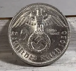 1936 D 5 MARK GERMAN WW2 SILVER COIN THIRD REICH HIGH GRADE W/LUSTER FREE SHIP U