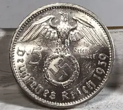 1939 A 5 MARK GERMAN WW2 SILVER COIN THIRD REICH HIGH GRADE W/LUSTER FREE SHIP U