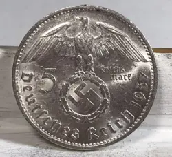 1937 E 5 MARK GERMAN WW2 SILVER COIN THIRD REICH HIGH GRADE W/LUSTER FREE SHIP U
