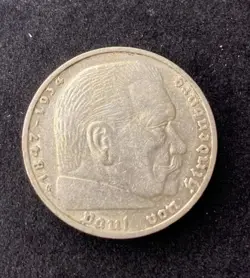 1936-G GERMANY THIRD REICH 5 REICHSMARK 0.9000 SILVER ASW 0.4016 OZ FREE SHIP