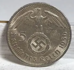1936 A 5 MARK GERMAN WW2 SILVER COIN THIRD REICH HIGH GRADE W/LUSTER FREE SHIP O