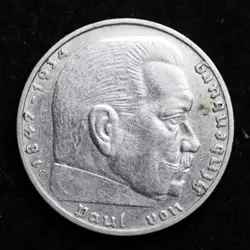 1937 F GERMAN 2 REICHSMARK COIN WW2 VON HINDENBURG SILVER B172