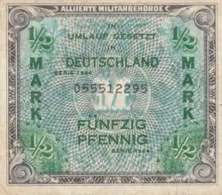 GERMANY ALLIED MILITARY CURRENCY 50 PFENNIG 1/2 MARK WW2 1944 P-191 VF