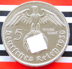 GERMAN 5 REICHSMARK 1939 D SWASTIKA HINDENBURG SILVER COIN 3RD WW2 MARK   UNC