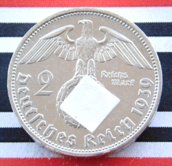 GERMAN 2 REICHSMARK 1939 E HINDENBURG SILVER COIN THIRD REICH WW2   RARE   MARK