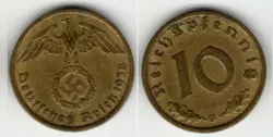 RARE WW2 GERMAN 10 REICHSPFENNIG BRASS COIN HISTORICAL WW2 AUTHENTIC ARTIFACT
