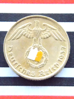 GERMAN COIN 1937 A 5 REICHSPFENNIG SWASTIKA BRASS 3RD REICH WW2  UNC PFENNIG RPF