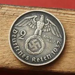 ORIGINAL WW2 GERMAN 2 MARK SILVER COIN WITH PAUL VON HINDENBUG ( 1937-A )