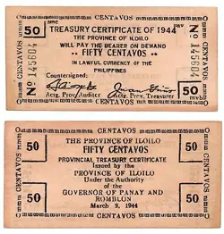 1944 PHILIPPINES ILOILO S334 50 CENTAVOS EMERGENCY CIRCULATING NOTE WW2 POST SUR