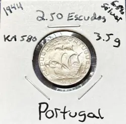 PORTUGAL 2 1/2 ESCUDOS 1944 SILVER HIGH GRADE. AU - UNC. WW2 ERA COIN. KM 580