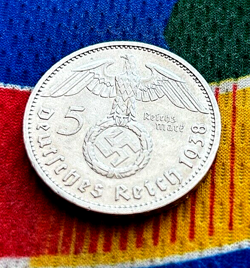 1938 E 5 MARK GERMAN WW2 SILVER COIN THIRD REICH  REICHSMARK