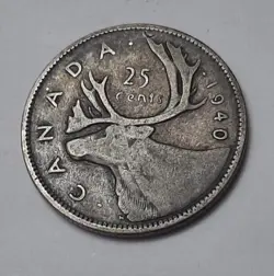 1940 CANADA 25 CENTS (80% SILVER) COIN - KING GEORGE VI   