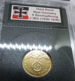 NAZI 5 REICHSPFENNIG COIN *WITH CASE* 1937-1939 SWASTIKA THIRD REICH WW2 GERMANY