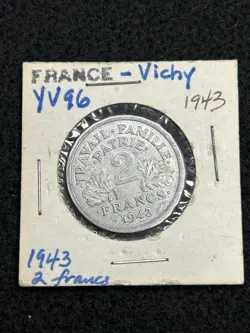 1943 FRANCE VICHY GOVERNMENT WW2 2 FRANC GERMAN PUPPET GOVT KM#904