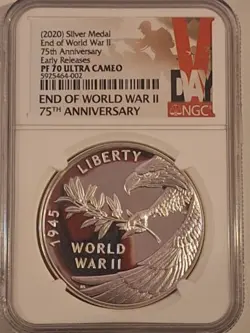 2020 P END OF WORLD WAR 2, II 75TH ANNIVERSARY 1OZ SILVER MEDAL PROOF NGC PF70