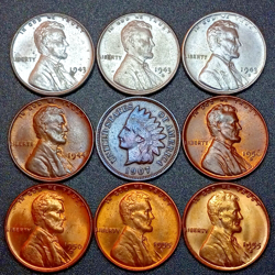 9 LINCOLN WHEAT CENTS 1943 P,D,S WW2 STEEL CENT SET TONED/UNCIRCULATED (LOT#4)