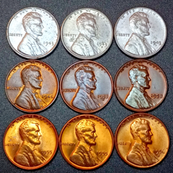 9 LINCOLN WHEAT CENTS 1943 P,D,S WW2 STEEL CENT SET TONED/UNCIRCULATED (LOT#3)