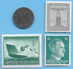 GERMANY WW2 1942 B 1 RPF SWASTIKA COIN & HITLER SWASTIKA STAMP LOT WW2 ERA  #1