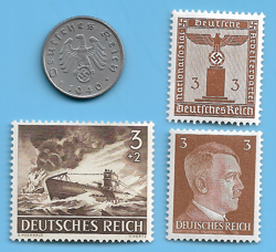 GERMANY WW2 1940 A 5 RPF SWASTIKA COIN & HITLER SWASTIKA STAMP LOT WW2 ERA  #1