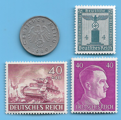 GERMANY WW2 1940 A 10 RPF SWASTIKA COIN & HITLER SWASTIKA STAMP LOT WW2 ERA  #1