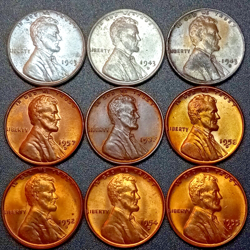 9 LINCOLN WHEAT CENTS 1943 P,D,S WW2 STEEL CENT SET TONED/UNCIRCULATED (LOT#8)