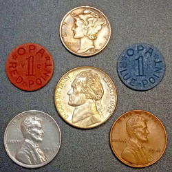 WW2 COIN LOT SILVER MERCURY DIME, WAR NICKEL, OPA TOKENS, STEEL & WHEAT CENT SET