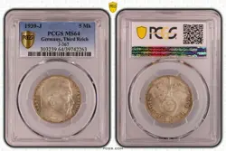 PCGS MS64 1939-J 5 MK REICHSMARK HINDENBURG J-367 THIRD REICH SILVER GERMANY WW2