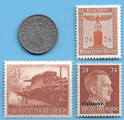 GERMANY WW2 1940 A 5 RPF SWASTIKA COIN & HITLER SWASTIKA STAMP LOT WW2 ERA