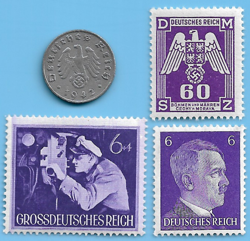 GERMANY WW2 1942 G 1 RPF SWASTIKA COIN & HITLER SWASTIKA STAMP LOT WW2 ERA