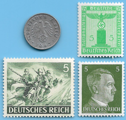 GERMANY WW2 1943 G 1 RPF SWASTIKA COIN & HITLER SWASTIKA STAMP LOT WW2 ERA