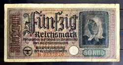 GERMANY 3RD REICH WW2 BANKNOTE 50 REICHSMARK SER. B , 1939 ,  GOOD
