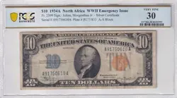 1934 A $10 NORTH AFRICA EMERGENCY NOTES ISSUED DURING WW2 2309 PCGS 30