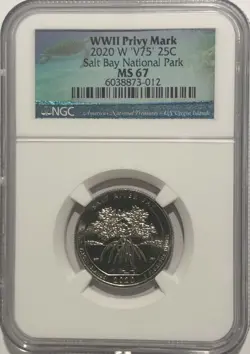 2020 W SALT RIVER BAY NATIONAL PARK NGC MS67 V75 WWII PRIVY QUARTER 25C WW2