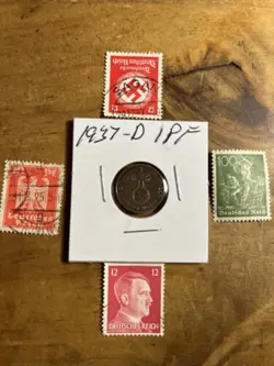 WW2 GERMAN NAZI 1937-D 1 PFENNIG NAZI COIN AND STAMPS SWASTIKA B