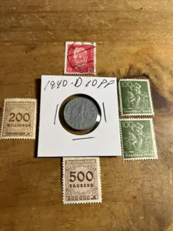 WW2 GERMAN NAZI 1940-D 10 PFENNIG NAZI COIN AND STAMPS SWASTIKA