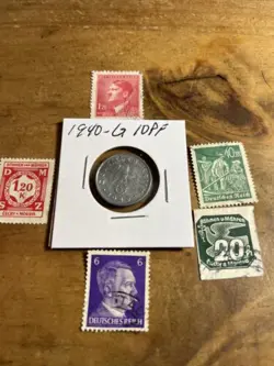 WW2 GERMAN NAZI 1940-G 10 PFENNIG NAZI COIN AND STAMPS SWASTIKA