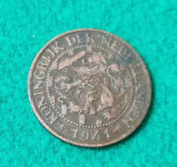 VINTAGE 1941 WW2 KONIGRIJK DER NEDERLANDS ONE CENT COIN