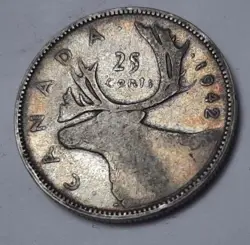 1942 CANADA 25 CENTS (80% SILVER) COIN - KING GEORGE VI   