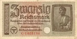 CURRENCY GERMANY 1940 WW2 FASCISM WAR ERA 20 REICHSMARK ZWANZIG CIRCULATED WORN!
