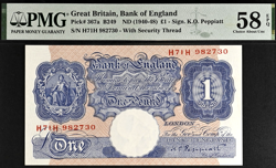 £1 WAR BANK ENGLAND NOTE PEPPIATT B249 367A PMG 58 1940-1948 PINK & BLUE WW2 EPQ