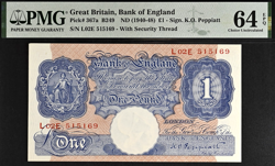 £1 WAR BANK ENGLAND NOTE PEPPIATT B249 367A PMG 64 1940-1948 PINK & BLUE WW2 EPQ