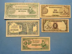 WW 2 LOT OF 5 JIM PAPER CURRENCY NOTES, JAPANESE OCCUPATION WWII 1941-43