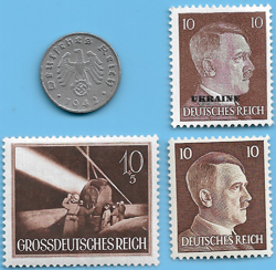 GERMANY WW2 1942 G 1 RPF SWASTIKA COIN & HITLER SWASTIKA STAMP LOT WW2 ERA  #2