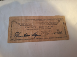 TWENTY CENTAVOS EMERGENCY CURRENCY - PHILLIPINES WW2 1943 - ATTIC FIND KENT.