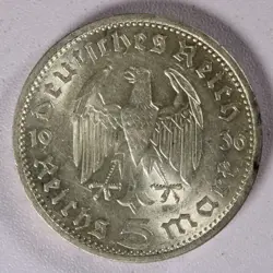1936-A 5 MARK GERMAN WW2 SILVER COIN THIRD REICH REICHSMARK
